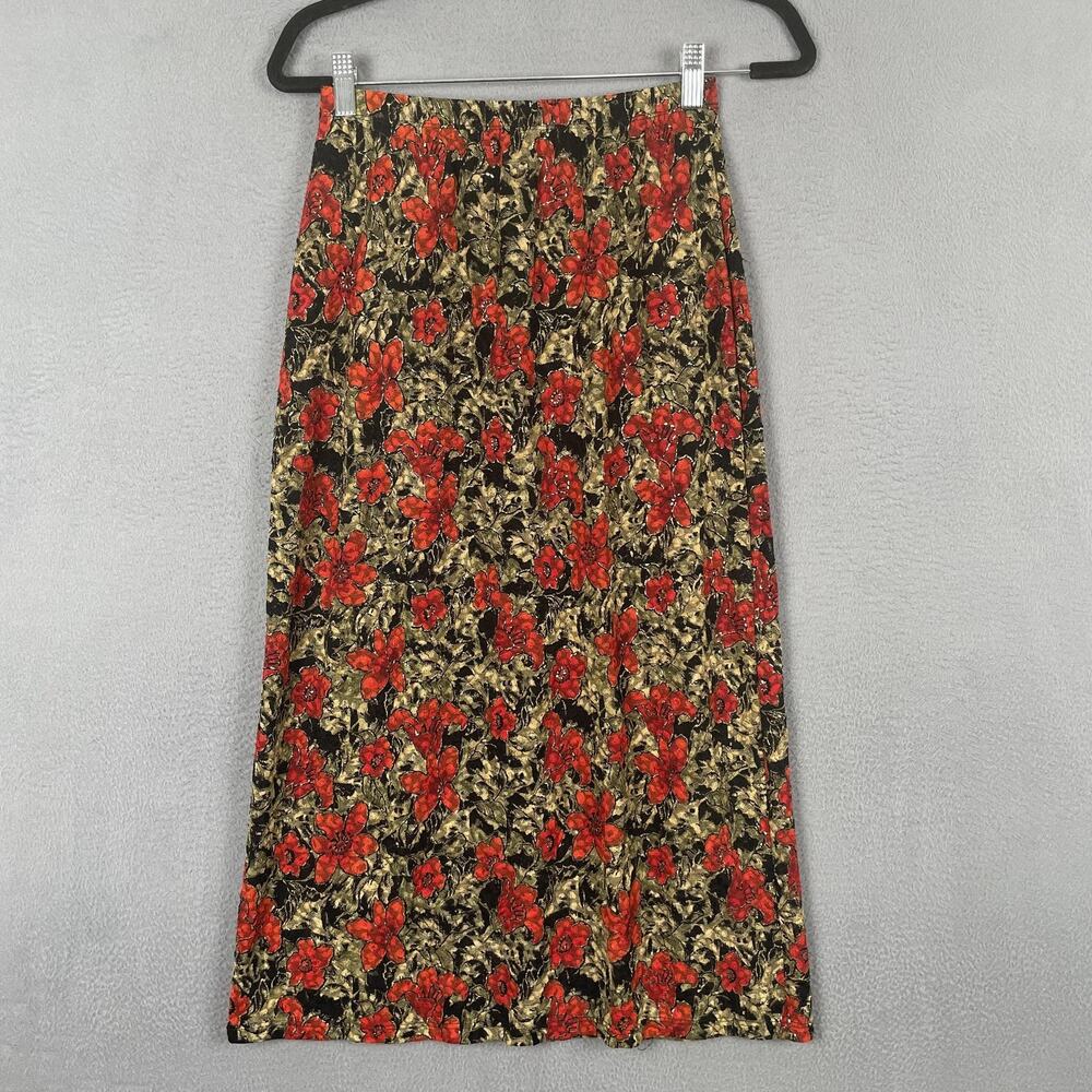Notations Skirt Womens Petite Medium Black Red Gold Floral Jacquard Pull On USA